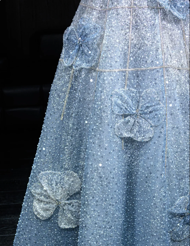 Elegant Blue A-line Strapless 3D Floral Sequined Tulle Long Prom Dress Evening Dress P4102