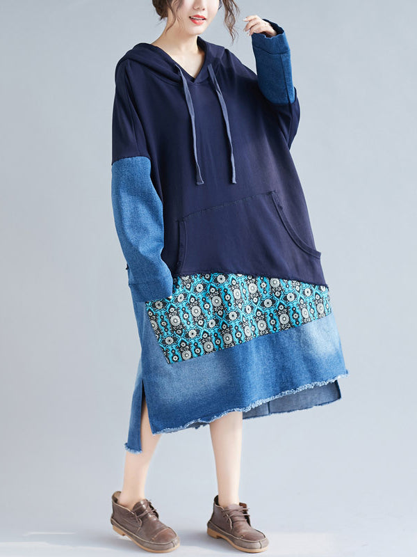 Patchwork Hooded Long Sleeve Kangaroo-Pocket Midi Dress 4