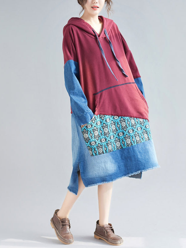 Patchwork Hooded Long Sleeve Kangaroo-Pocket Midi Dress 8