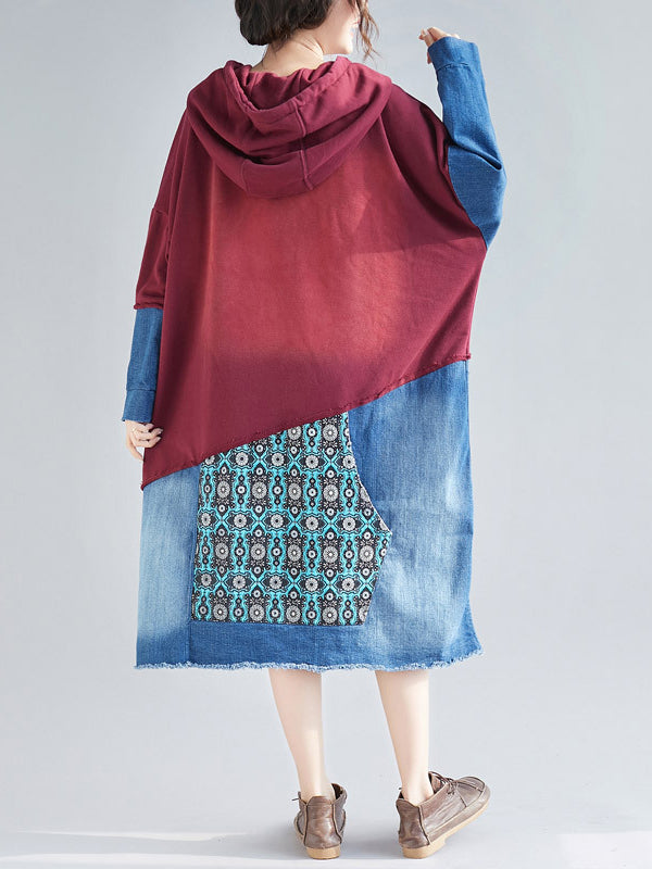 Patchwork Hooded Long Sleeve Kangaroo-Pocket Midi Dress 7