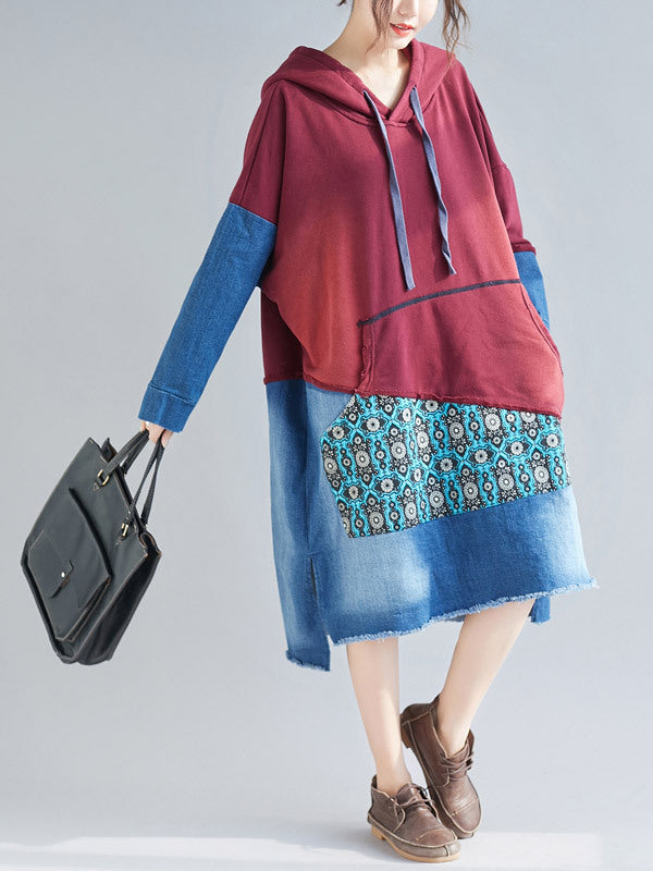 Patchwork Hooded Long Sleeve Kangaroo-Pocket Midi Dress 9