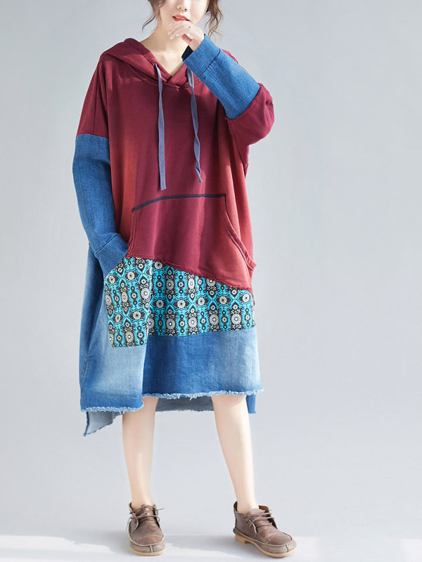Patchwork Hooded Long Sleeve Kangaroo-Pocket Midi Dress