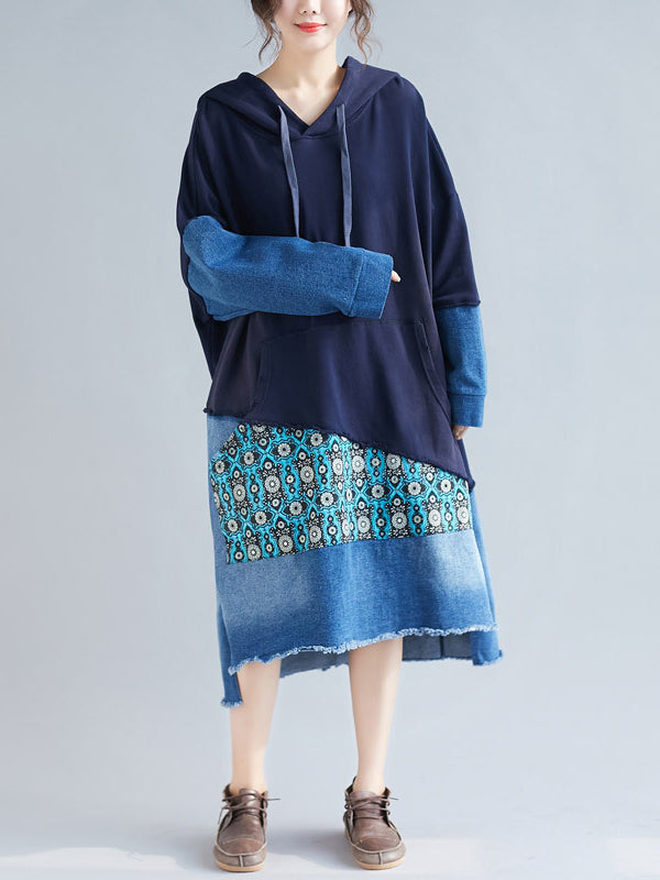 Patchwork Hooded Long Sleeve Kangaroo-Pocket Midi Dress 2