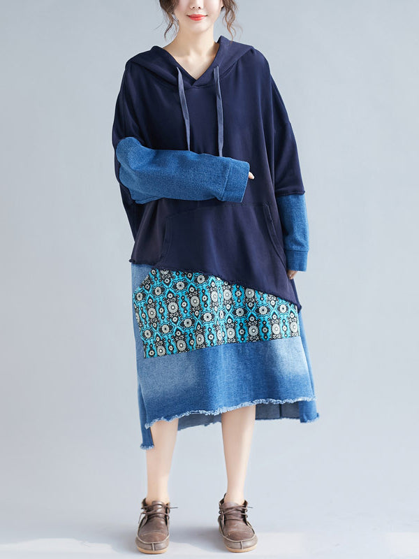 Adriana Vintage Patchwork Hooded Shift Dress - Fashionpara