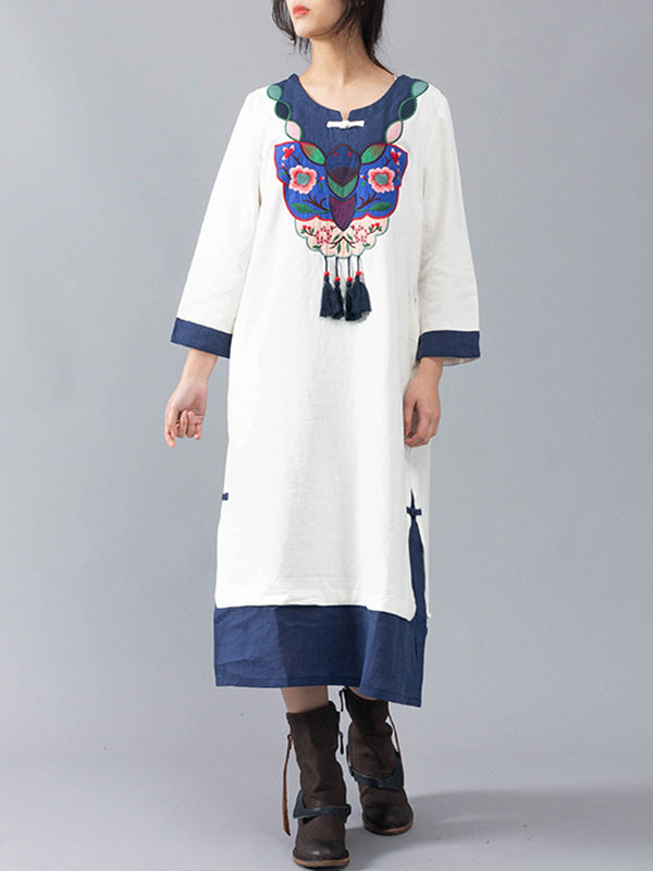 Debora Contrasting Floral Embroidered Midi Dress with Tassels - Fashionpara