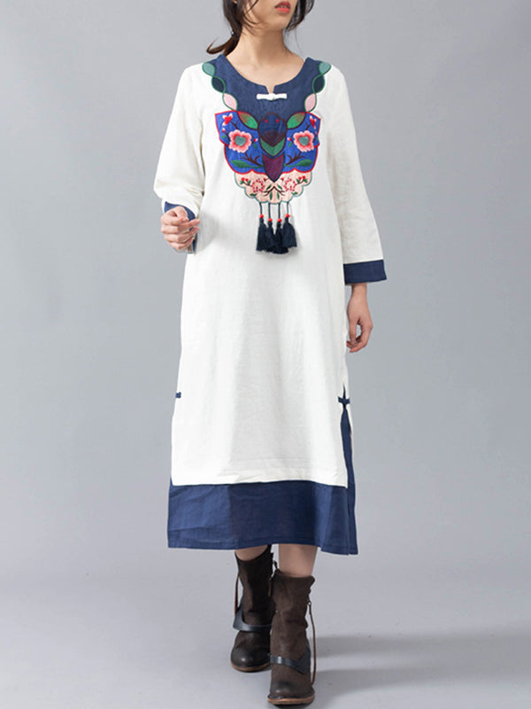 Debora Contrasting Floral Embroidered Midi Dress with Tassels - Fashionpara
