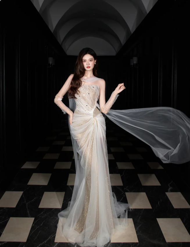 Dreamy Mermaid Strapless High-Slit Rhinestone Tulle Long Prom Dress Evening Dress P4103