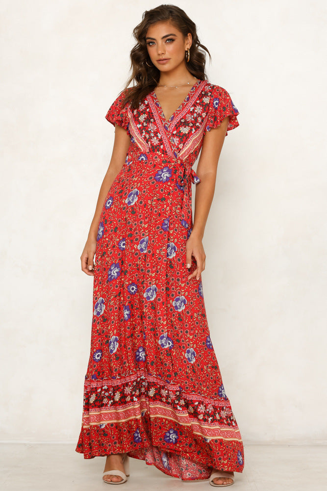 Floral Print V-Neck Flutter Sleeve Wrap Maxi Dress