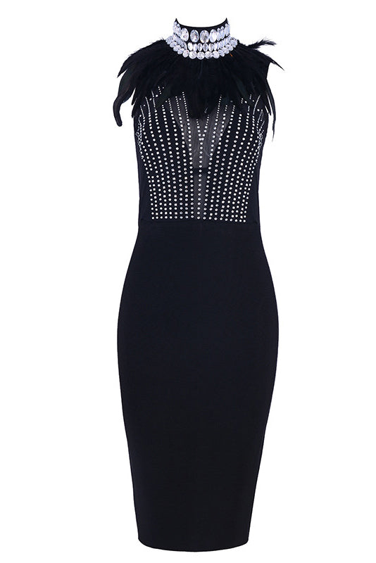 Luxury High Neck Feather Bead Rhinestone Bandage Dress - Fashionpara