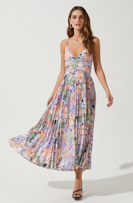 Floral Print Pleated V-Neck Cutout Maxi Dress