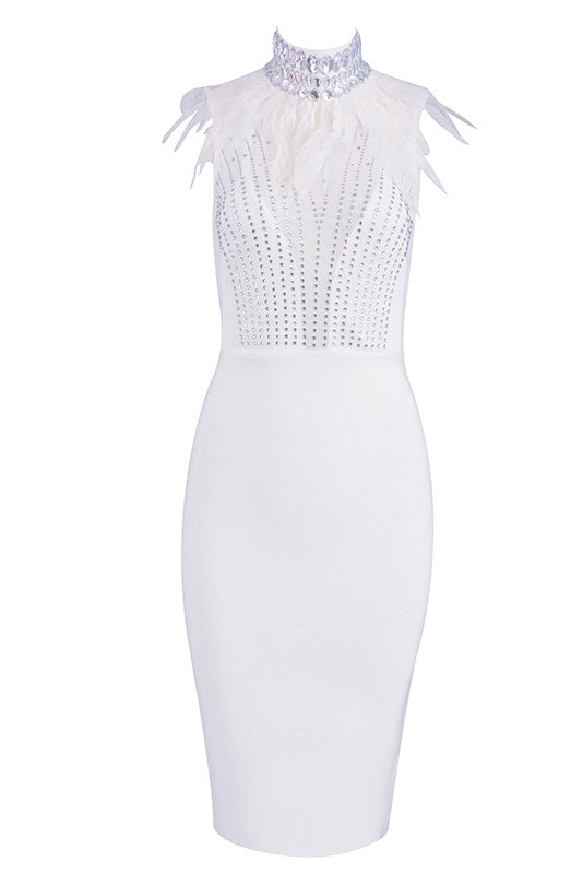 Luxury High Neck Feather Bead Rhinestone Bandage Dress - Fashionpara