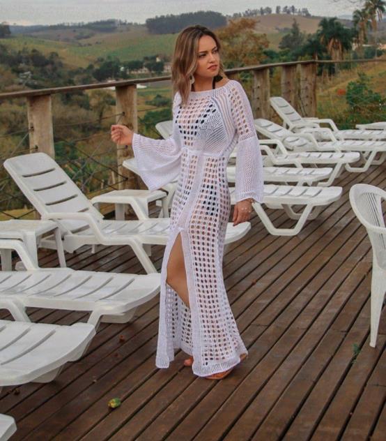 Maryam Cotton Sheer Crochet Maxi Dress - White - Fashionpara