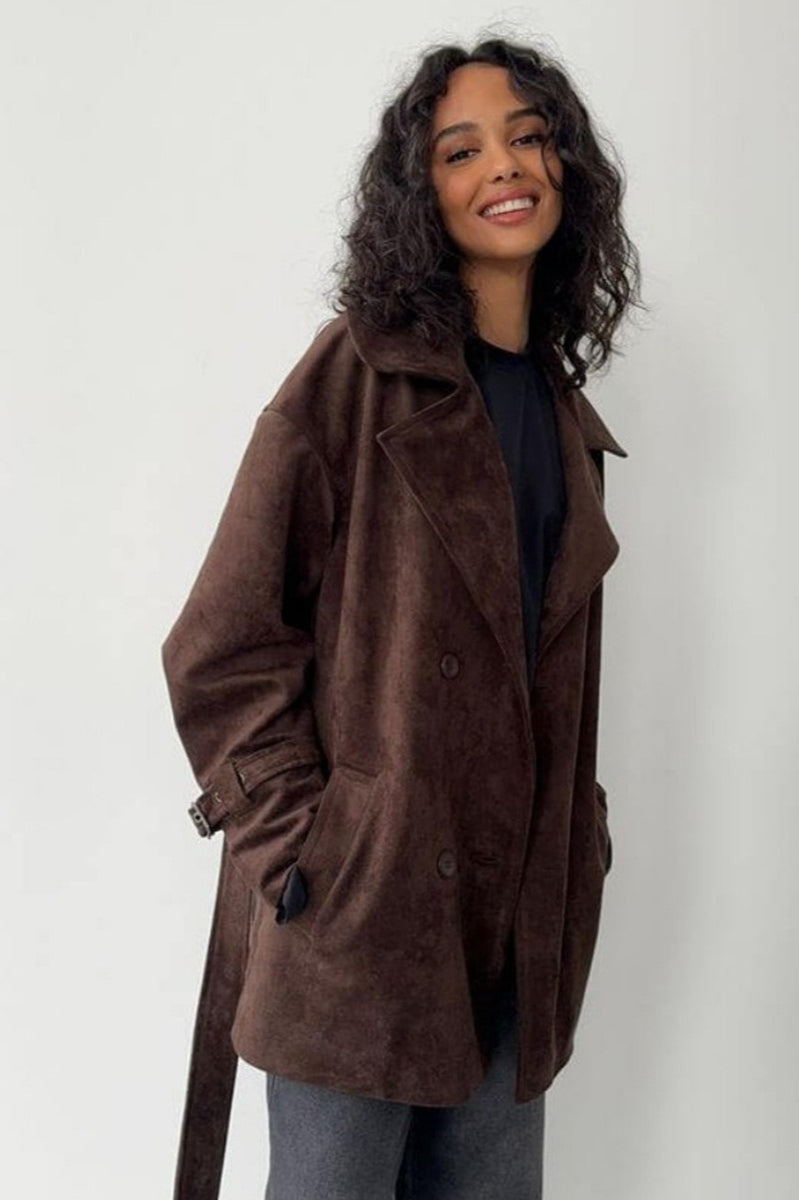 Vintage Suede Lapel Tie Waist Jacket Coat