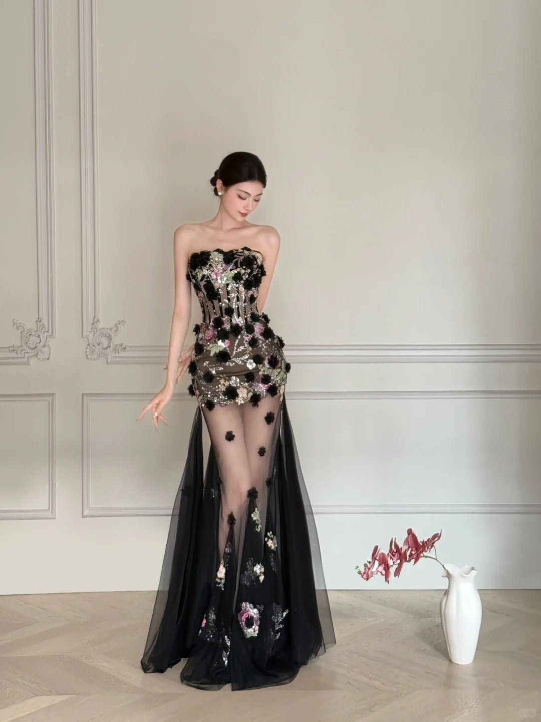 Luxurious Black A-line 3D Floral Sequin Strapless Tulle Long Prom Dress Evening Dress P4105
