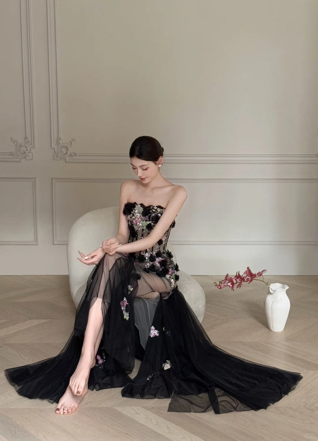 Luxurious Black A-line 3D Floral Sequin Strapless Tulle Long Prom Dress Evening Dress P4105