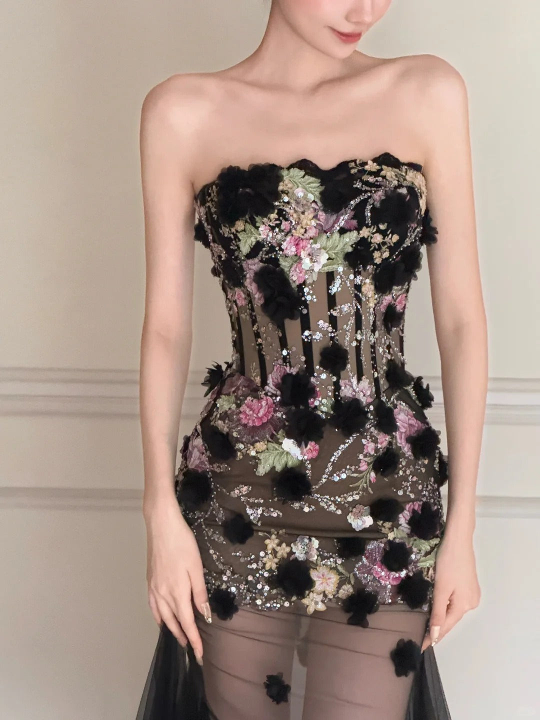 Luxurious Black A-line 3D Floral Sequin Strapless Tulle Long Prom Dress Evening Dress P4105