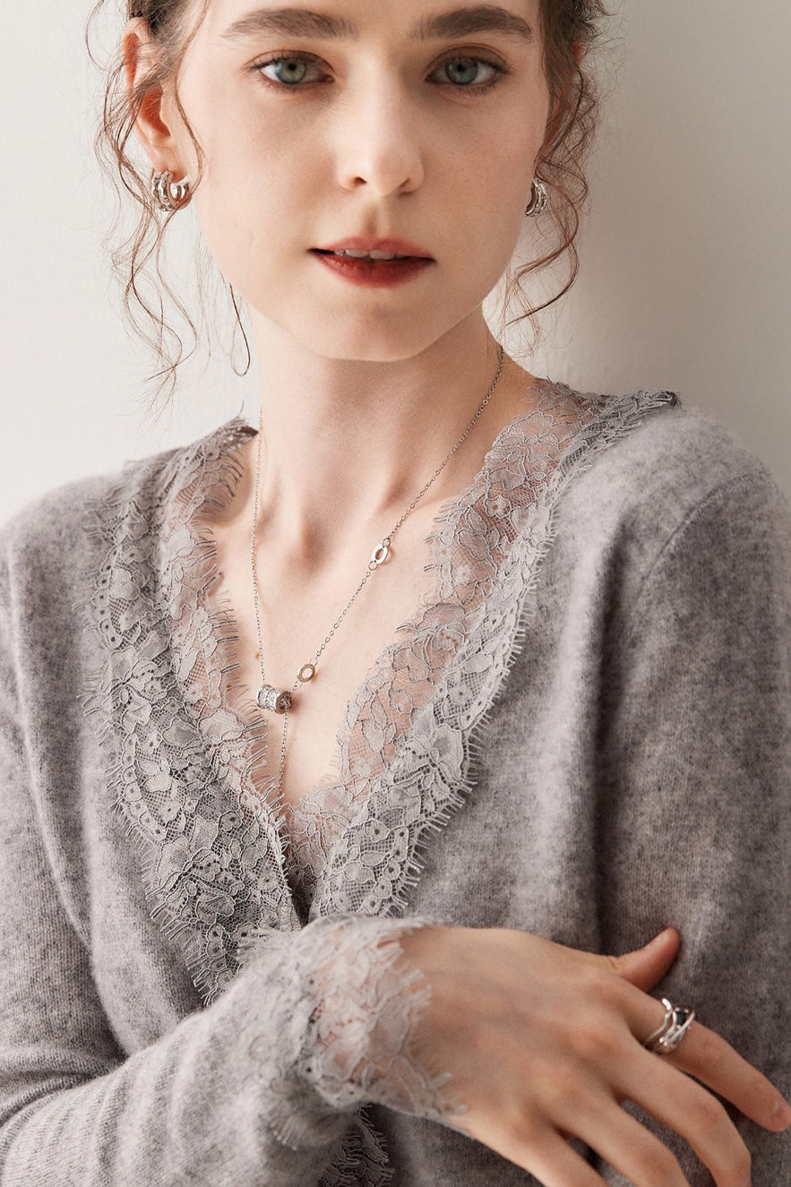 Luxe Cashmere V-Neck Cardigan with Elegant Lace Trim