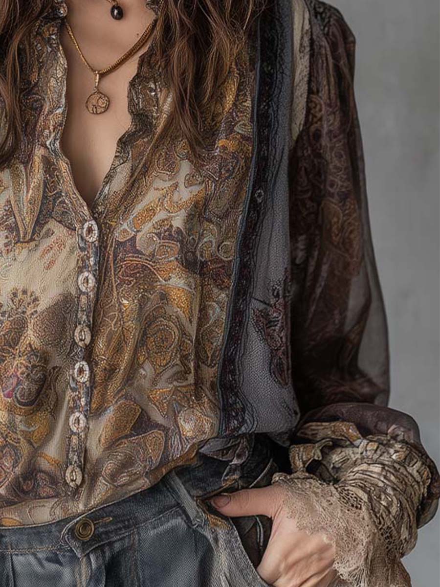Vintage Paisley Sheer Blouse With Lace Cuff Detailing - Fashionpara