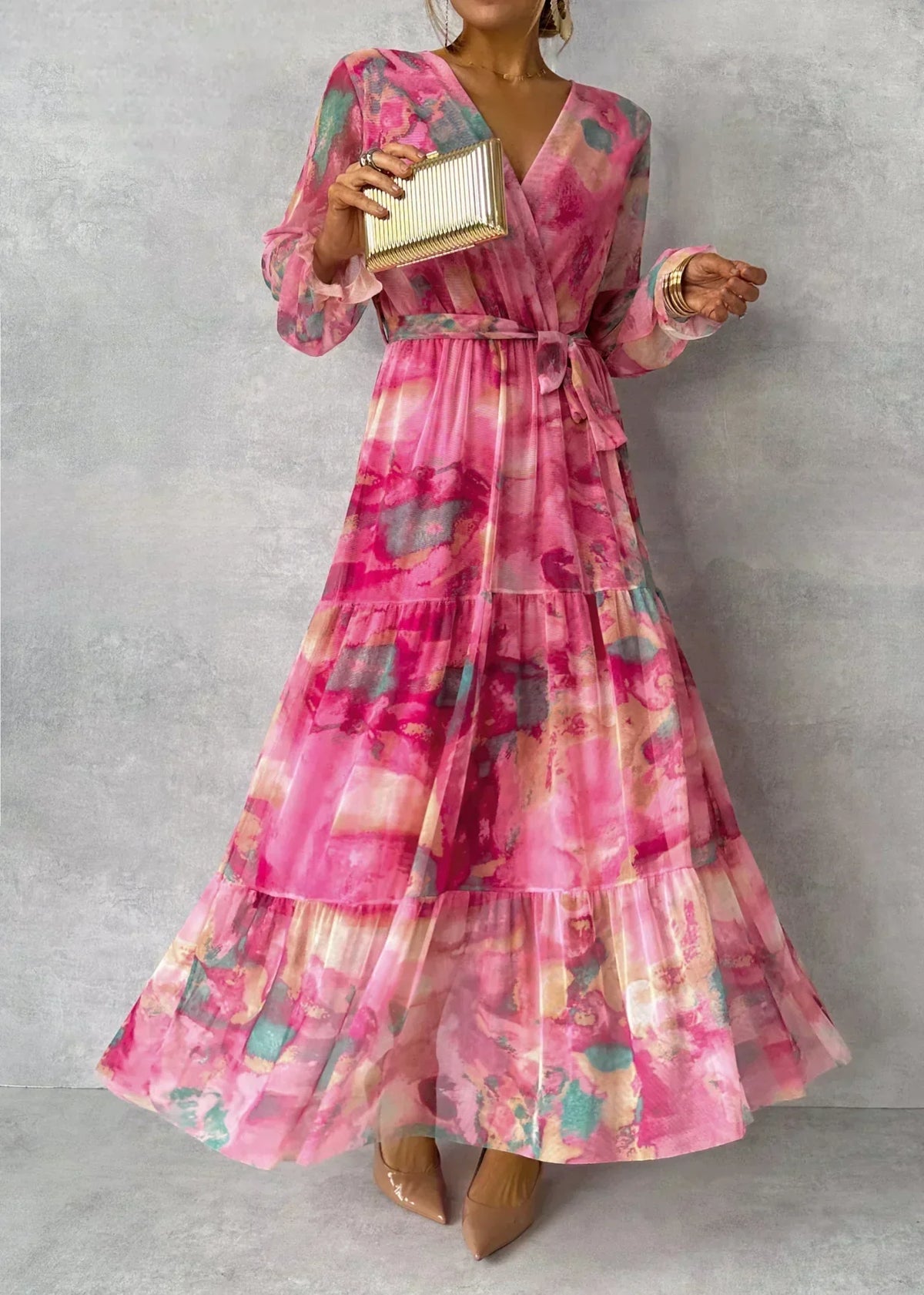 V-Neck Tie Belt Balloon Sleeve Tiered Ruffle Maxi Dress