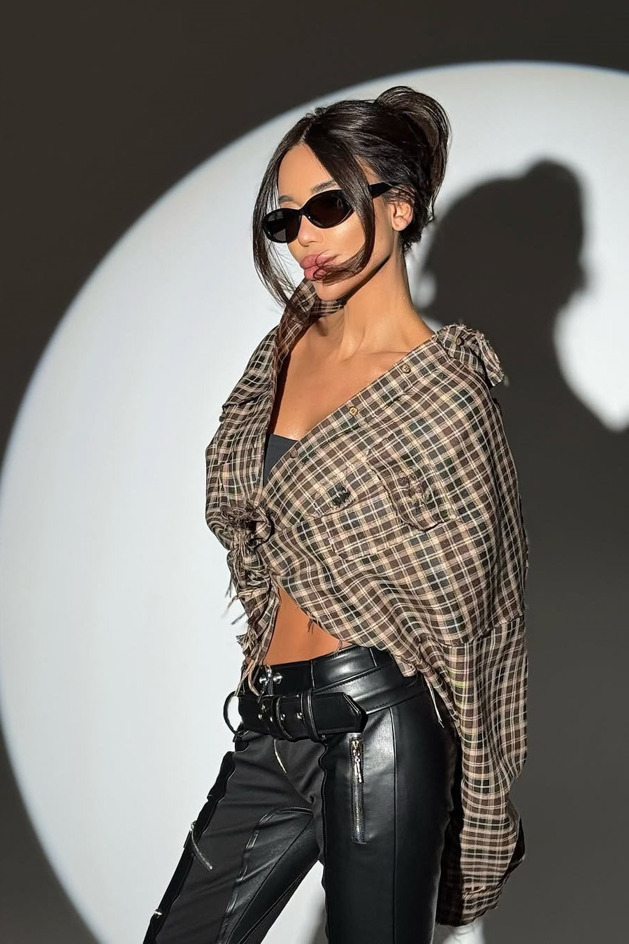 Plaid Distressed Collared Blouse