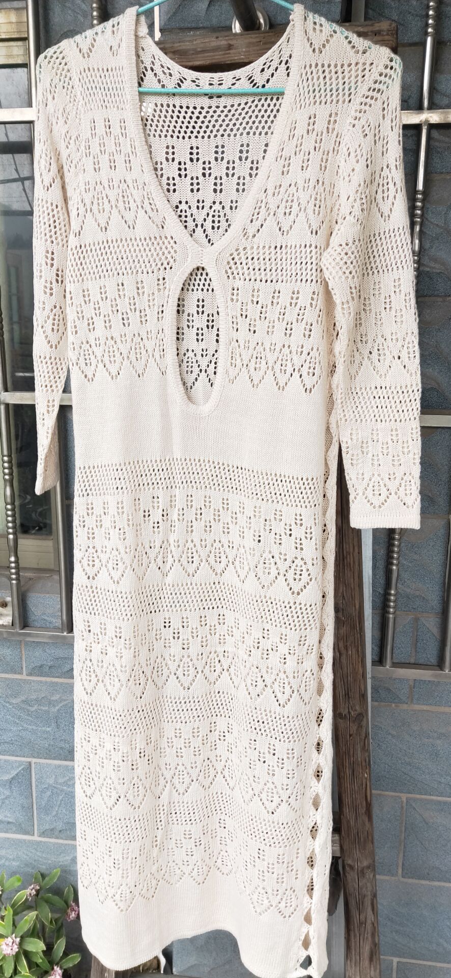 Crochet V-Neck Long Sleeve Keyhole Maxi Dress