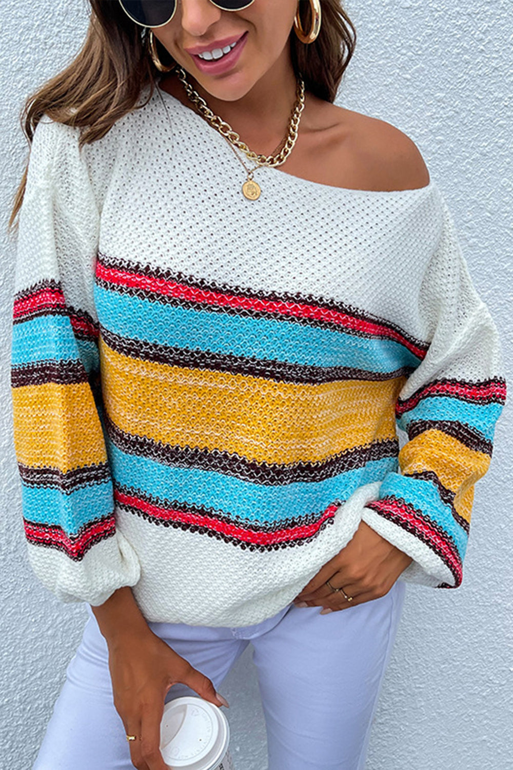 RadyRin Off-Shoulder Rainbow Striped Sweater for Chic Style
