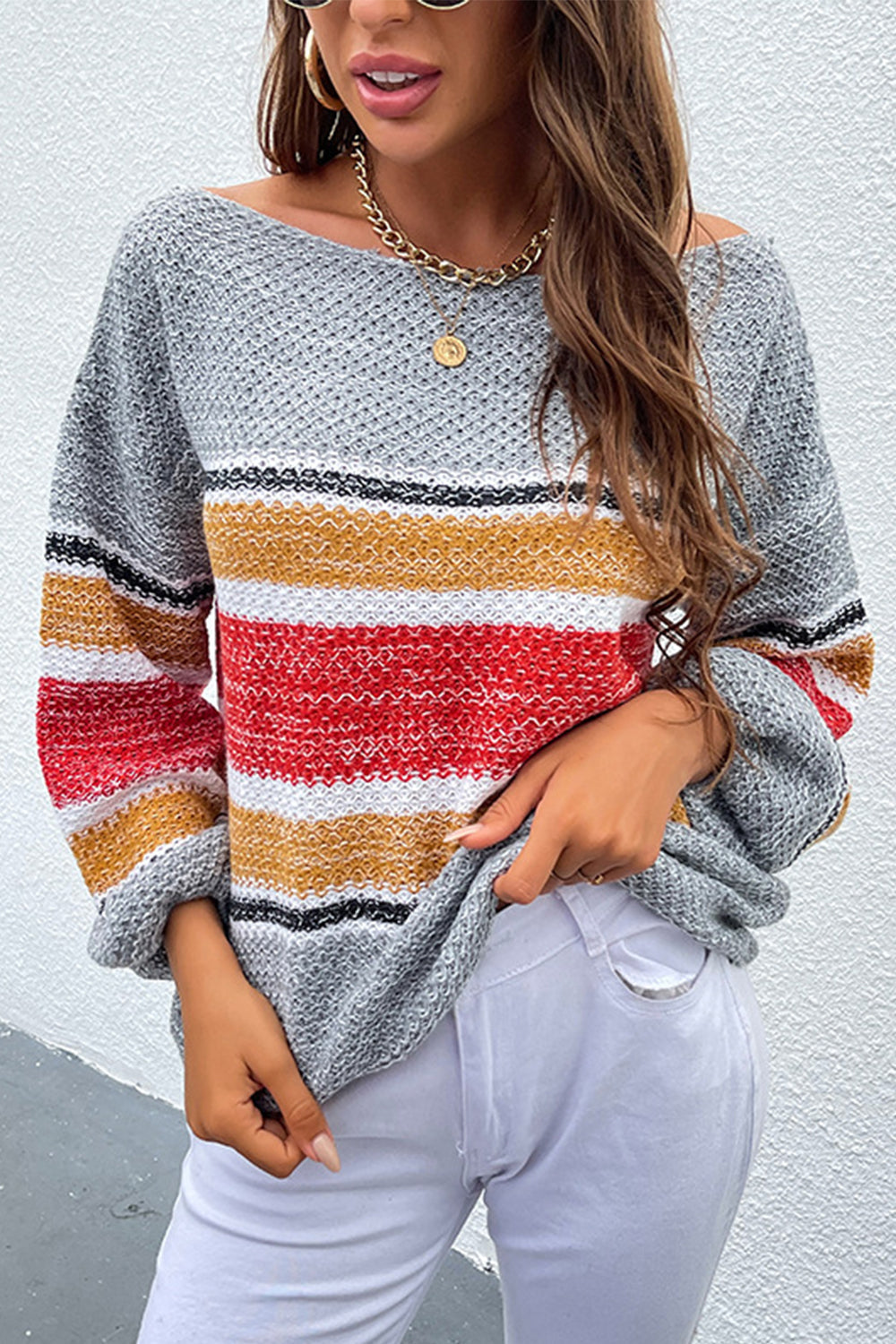 RadyRin Off-Shoulder Rainbow Striped Sweater for Chic Style