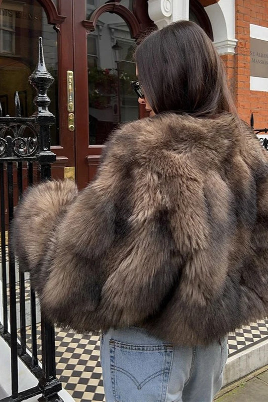 Brown Fluffy Faux Fur Coat - Fashionpara