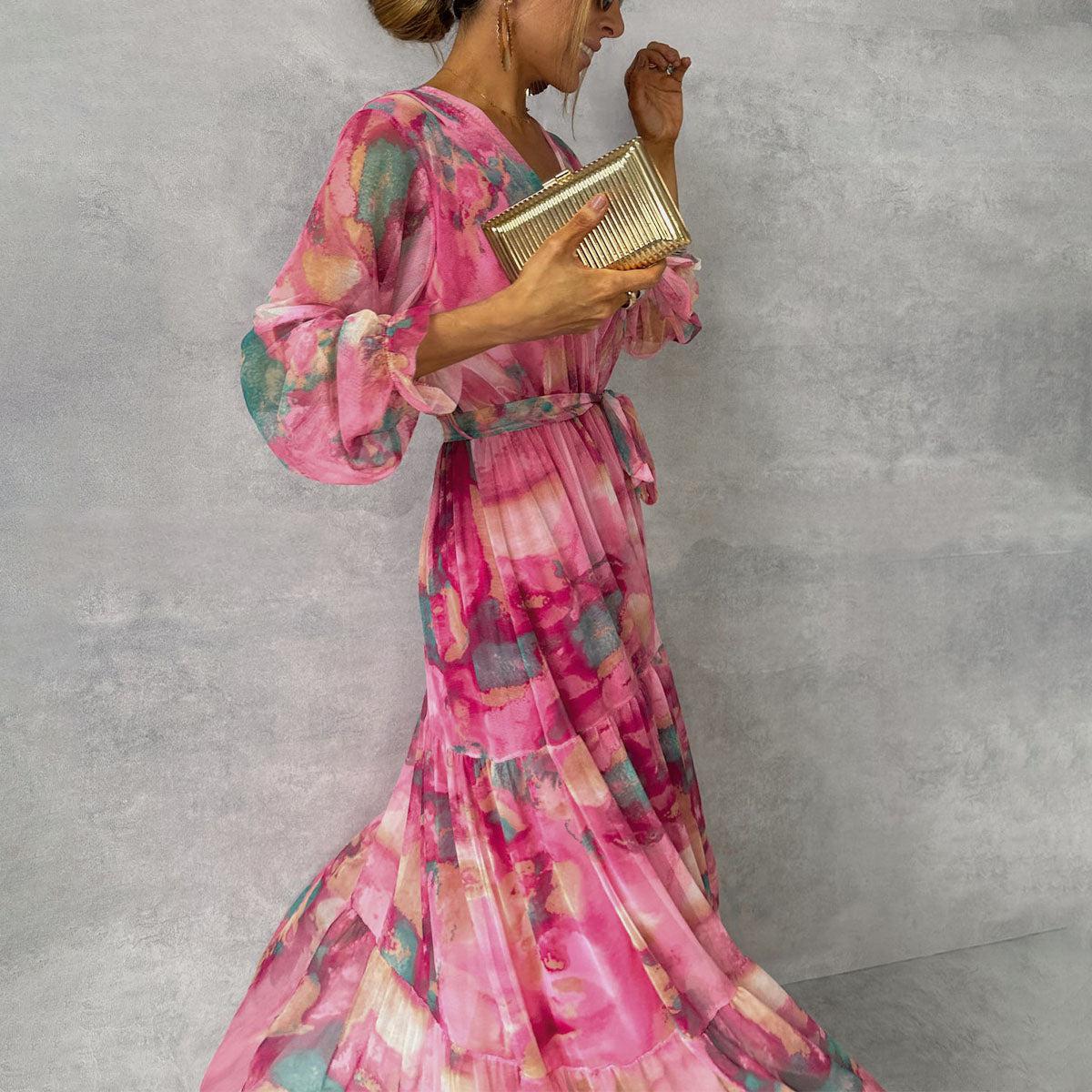 V-Neck Tie Belt Balloon Sleeve Tiered Ruffle Maxi Dress - View 3