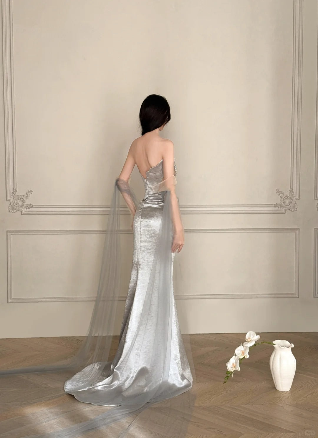 Elegant Silver-Grey Mermaid Strapless Satin Long Prom Dress Evening Dress P4107