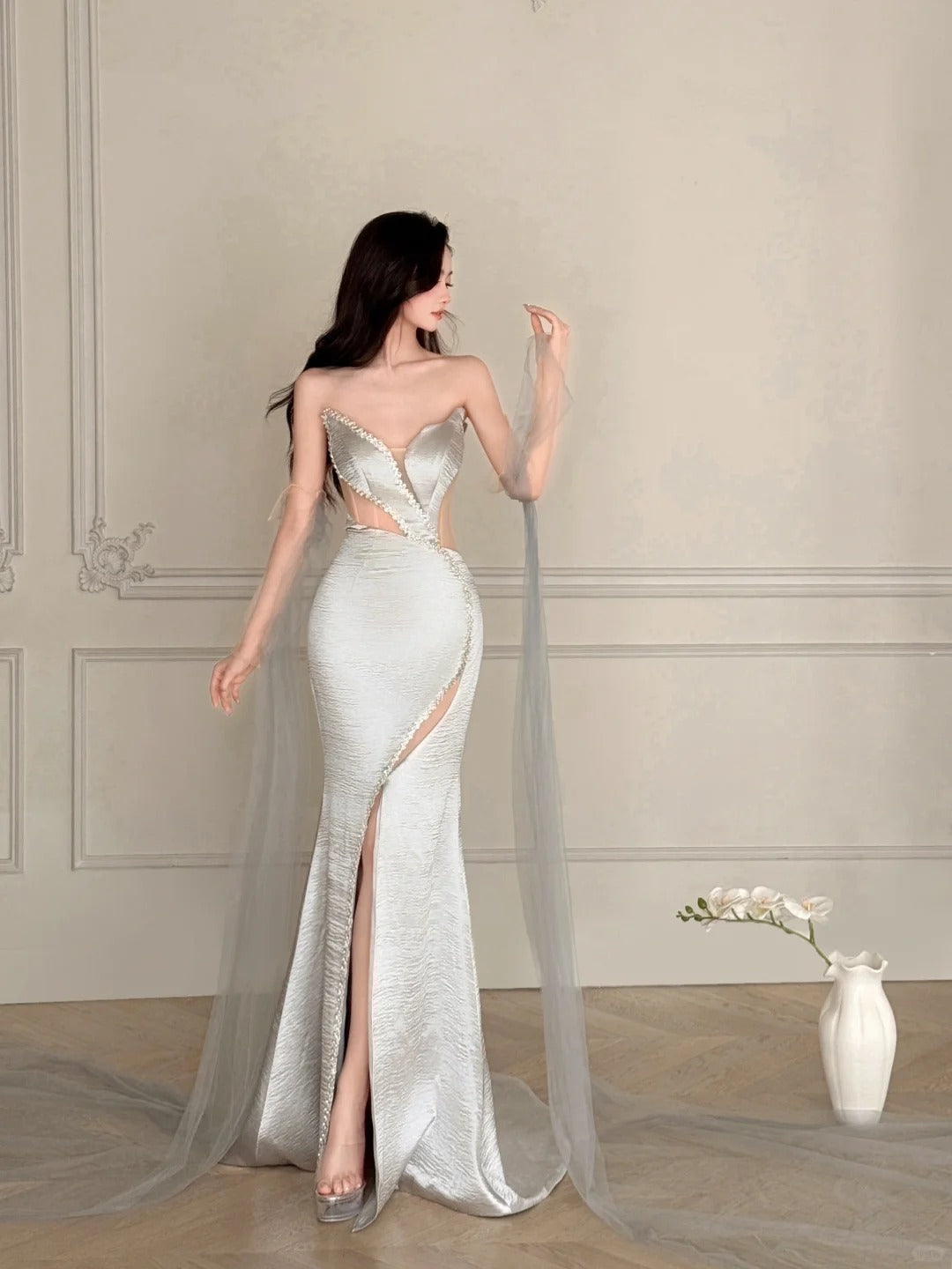 Elegant Silver-Grey Mermaid Strapless Satin Long Prom Dress Evening Dress P4107