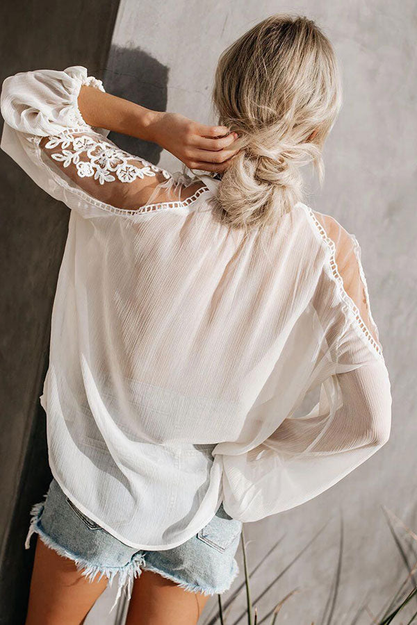 Ruffled Solid Drawstring Lace Blouse