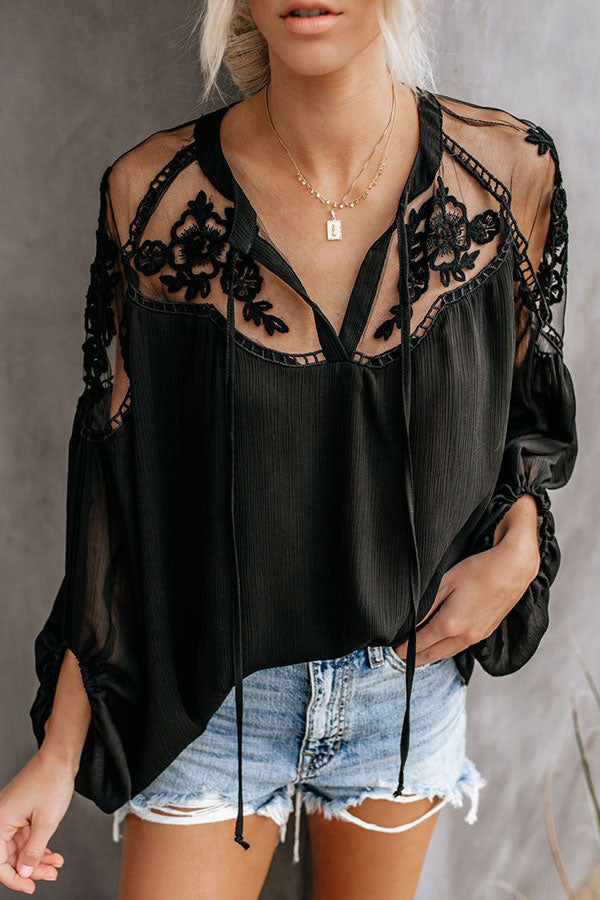 Ruffled Solid Drawstring Lace Blouse - Mislish