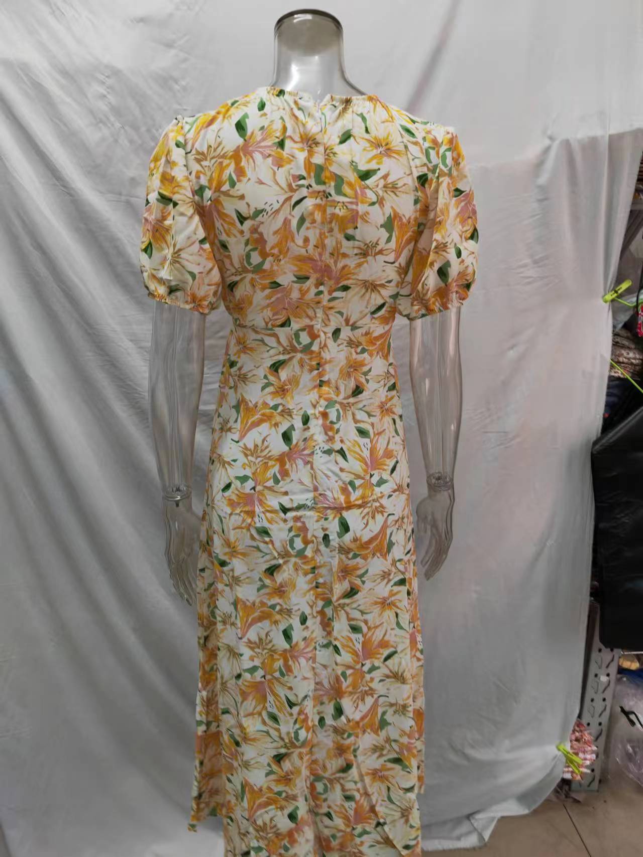 Waist Revealing Long Dress Printed Short Sleeve Puff Sleeve Dress - Fashionpara