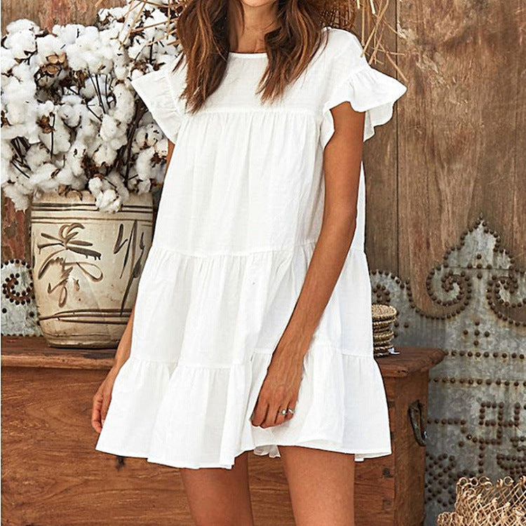 Round Neck Flutter Sleeve Tiered Babydoll Mini Dress
