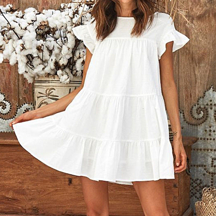 Round Neck Flutter Sleeve Tiered Babydoll Mini Dress