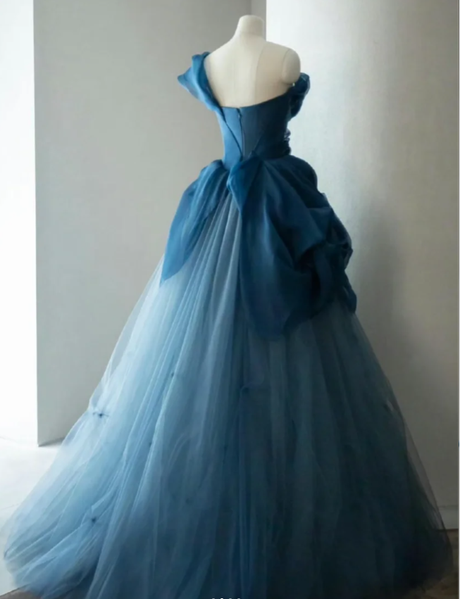 Retro Elegant Navy Blue One-shoulder Tulle Long Ball Gown Evening Dress P4108