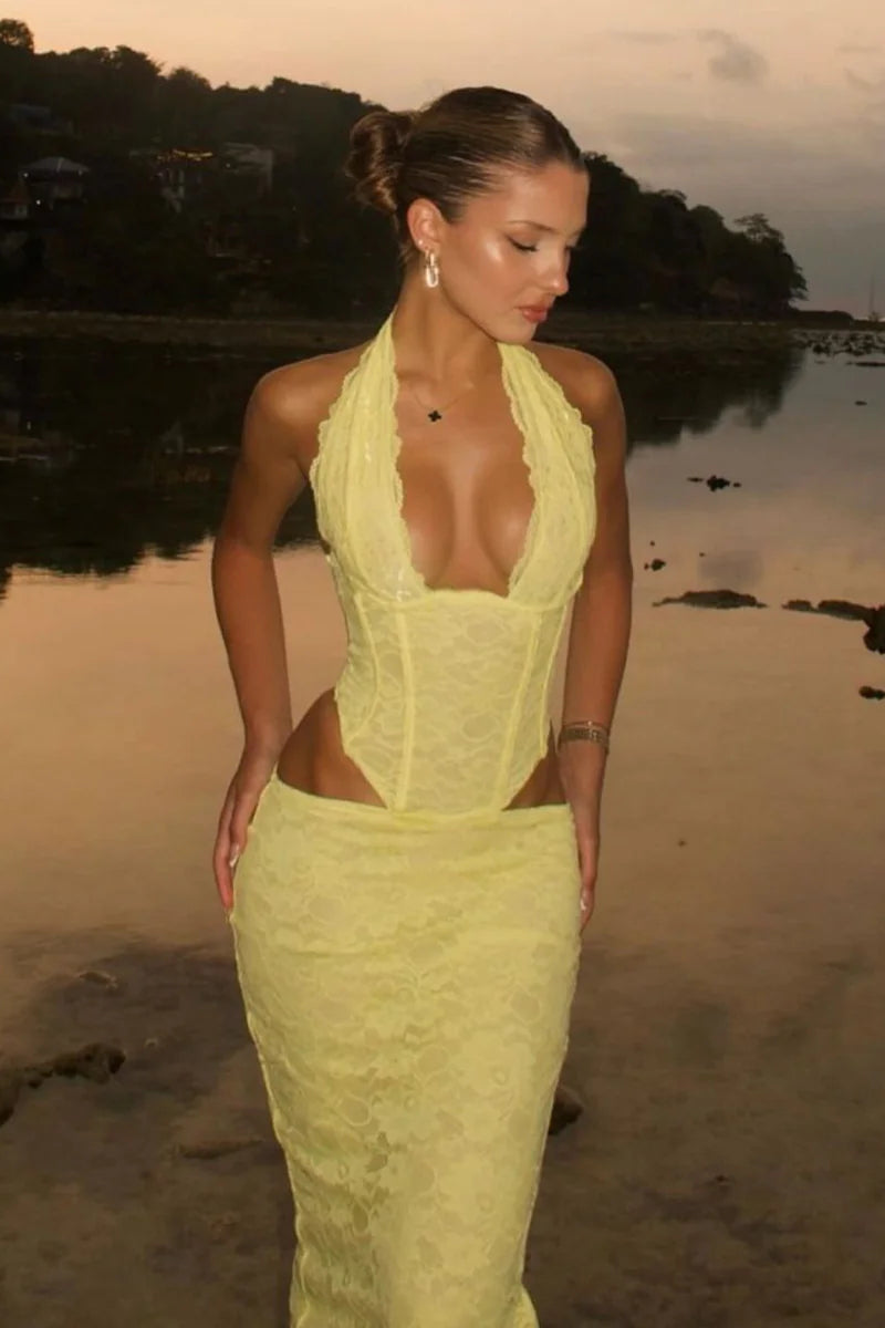Lace Halter Neck Plunge Bodycon Maxi Dress