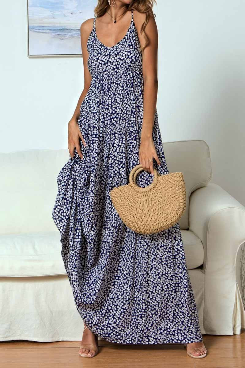 Florcoo V Neck Dots Design Printed Floor Dress