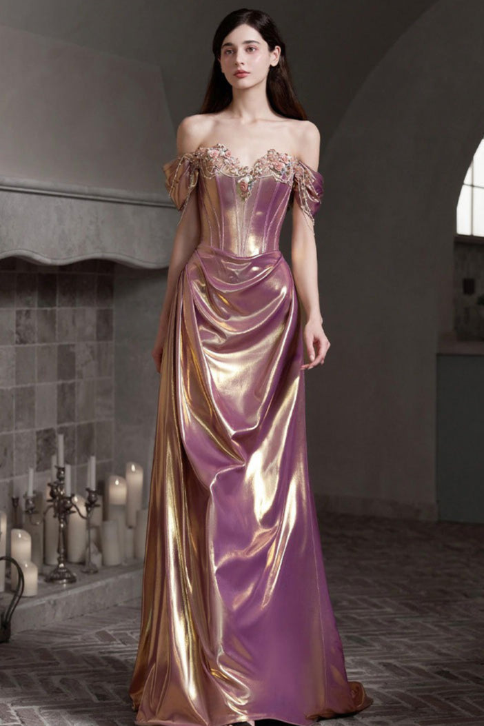 Off Shoulder Sweetheart Ruched High Split Mermaid Gown in Purple - View 5