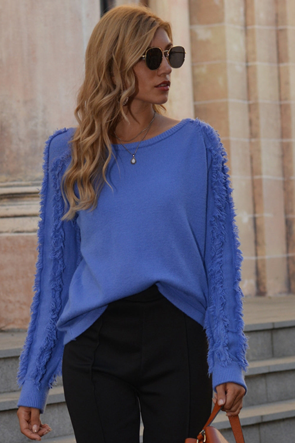 RadyRin Fringed Round Neck Sweater for Effortless Style