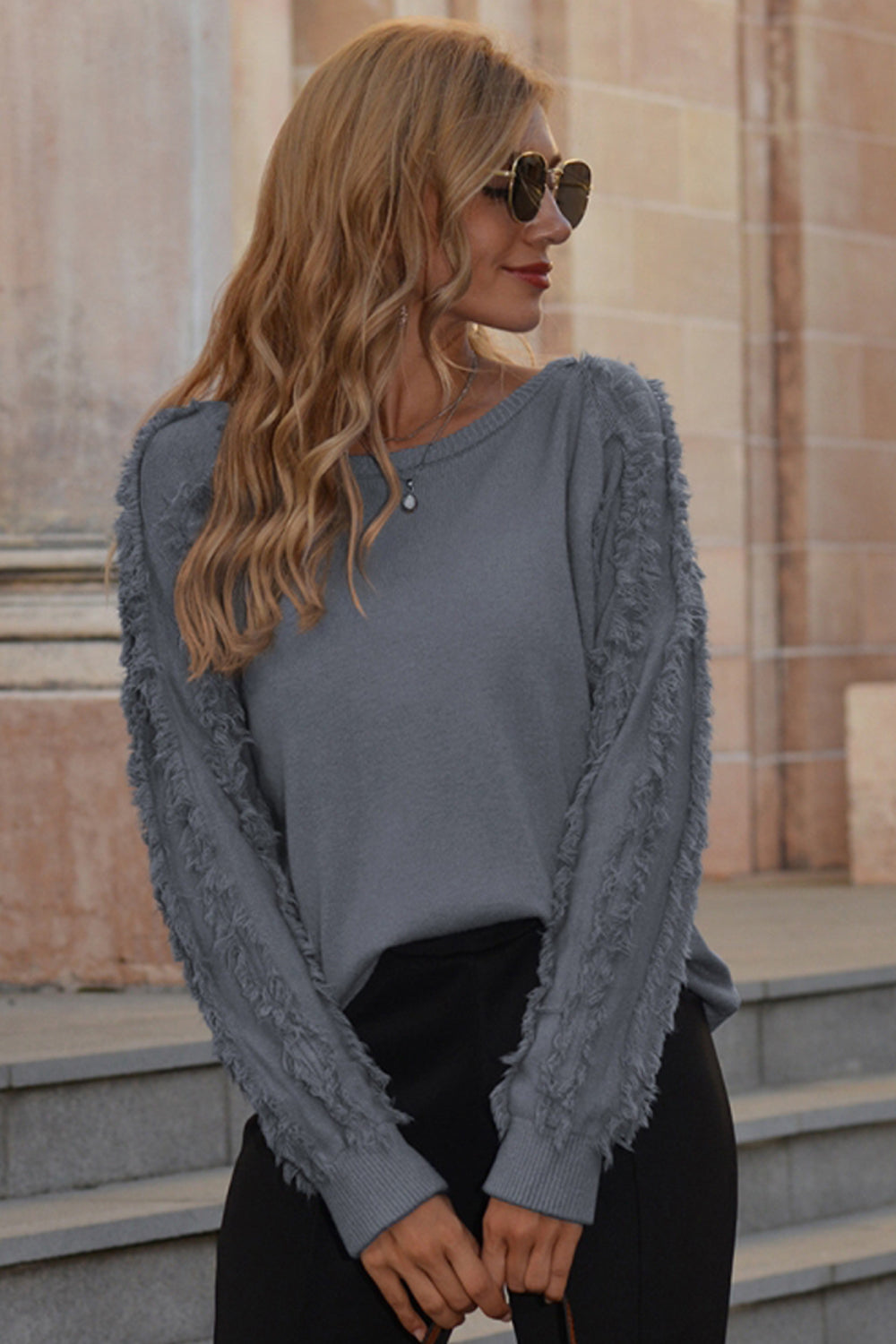 RadyRin Fringed Round Neck Sweater for Effortless Style