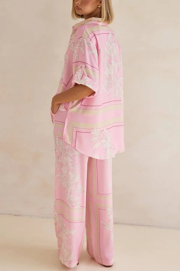 Fashionable Plant Print Loose Lapel Short Sleeve Shirt and Casual Elastic Waist Pocket Pants Set - Fashionpara