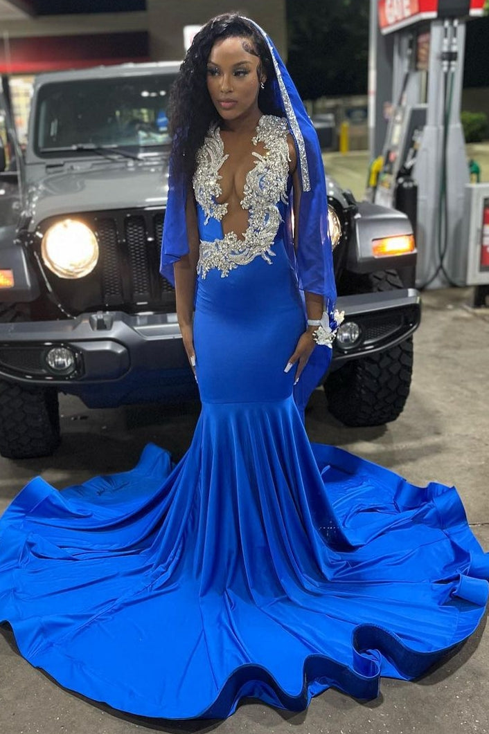 Beautiful Royal Blue Deep V-neck Mermaid Long Prom Party Dresses With Court Train - Fashionpara