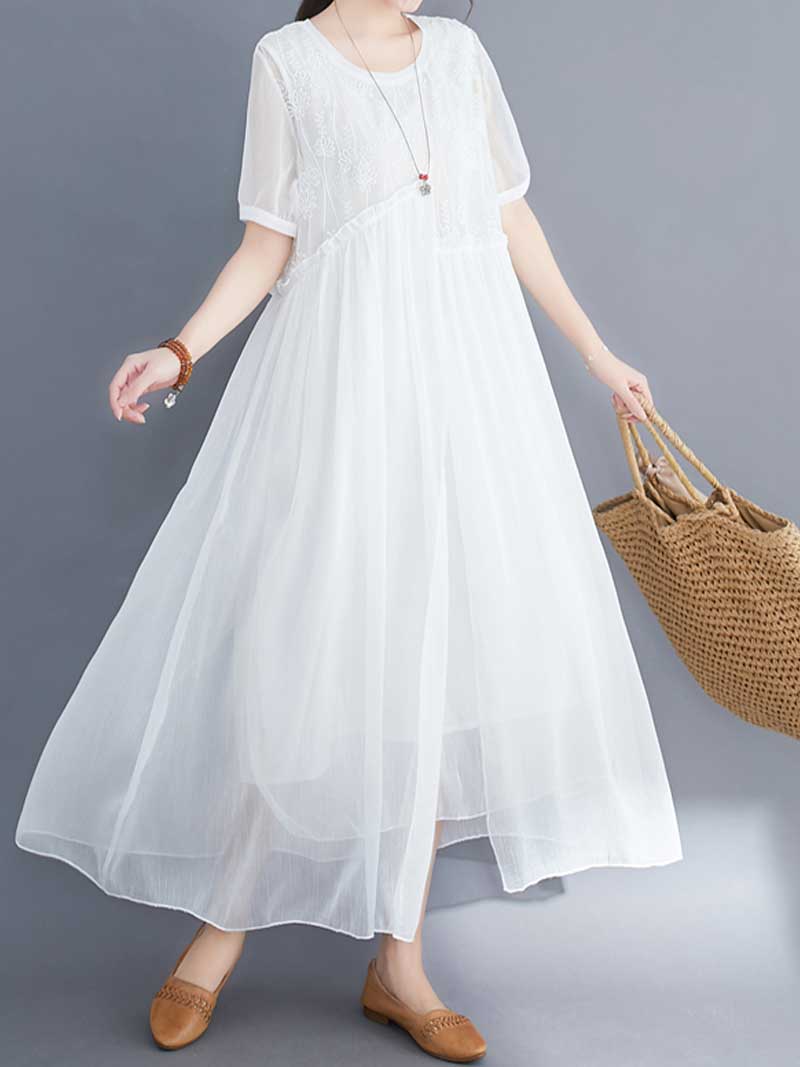 Embroidered Silk Round-Neck A-Line Dress - Fashionpara
