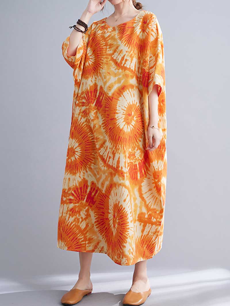 Tie-Dye Print Round Neck Short Sleeve Cocoon Midi Dress 3