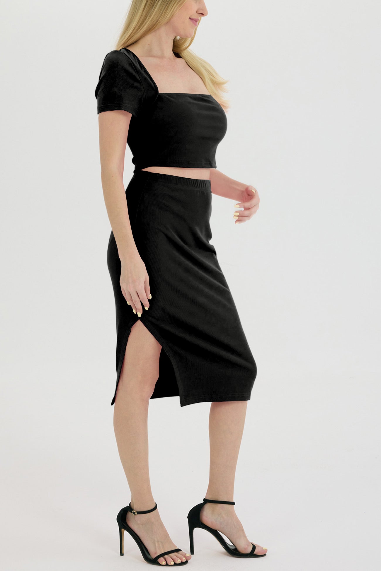 Ribbed Square Neck Crop Top Slit Skirt Suits