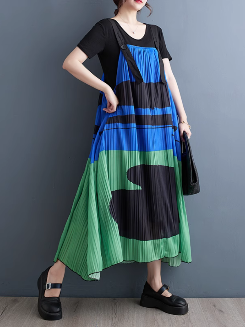 Abstract Print Square Neck Pleated Pinafore Midi Dress 2