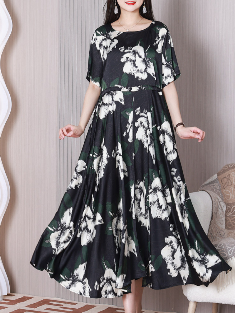 Floral Print Round Neck Short Sleeve Pleated Midi Dress 3
