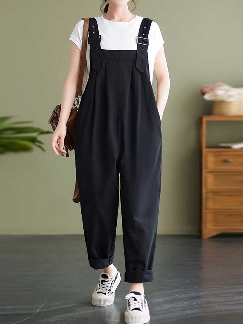 Plain Cotton Overalls High Waist Dungaree - Fashionpara
